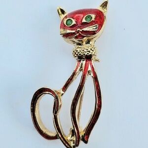 Vintage Retro Cat Brooch Pin Red Enamel Green Rhinestone Eyes Gold Tone 1.5”